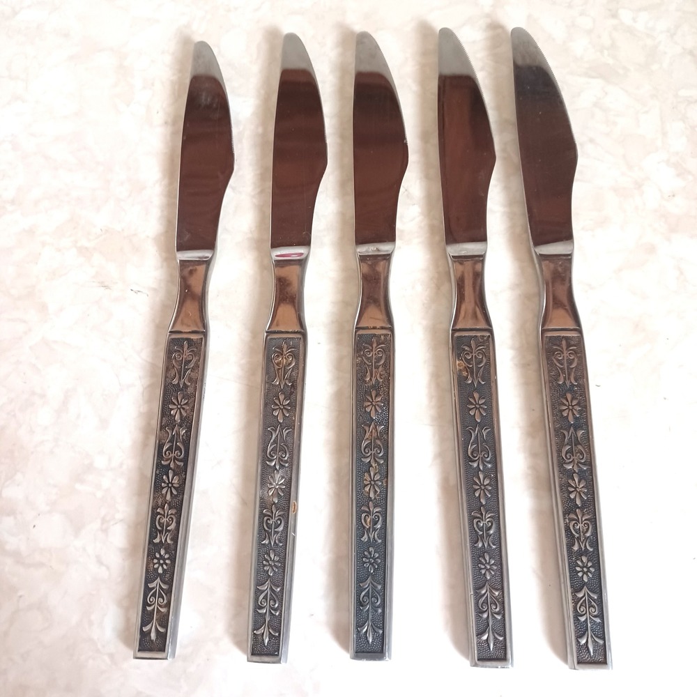 Vintage Japan‎ Stainless Steel Steak Knives Set of 5 Floral Ornate Pattern MCM